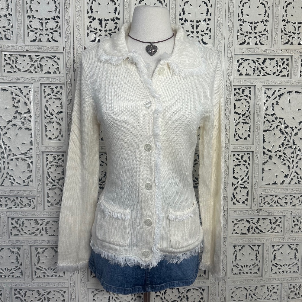Chadwicks Ivory Button Up‎ Cardigan With Fringe Trim & Pockets Sz Small